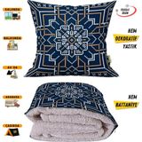 Lacivert Beyaz Etnik Desen Tv Battaniyeli Opsiyonel Dekoratif Yastık Kırlent 2 In 1 Battaniye - 115 x 170 cm - Renkli