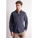 Lacivert - Beyaz Yarım İtalyan Yaka Çizgili Desen Uzun Kol Slim Fit Pamuklu Gömlek 1004255179