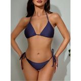 Lacivert Boyundan Bağlamalı Ayarlanabilir Şık Üçgen Kadın Bikini Takımı - Parlak Mavi