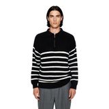Lacivert Çizgili Erkek Oversize Polo Yaka Triko Kazak Kalın Yapılı Standart Kol Kış Şıklığı Akrilik -Siyah-L