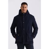 Lacivert Comfort Fit Kapüşonlu Yünlü Mont