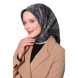 Lacivert - Ekru Soyut Etnik Desen Twill İpek Eşarp