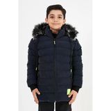 Lacivert Erkek Çocuk Çıkartılabilir Kapüşonlu Şişme Deri Karışımlı Kumaş Mont&kaban