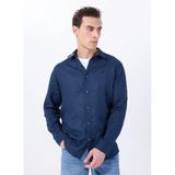 Lacivert Erkek Relaxed Fit Nakışlı %100 Keten Gömlek M5WM- GML1557