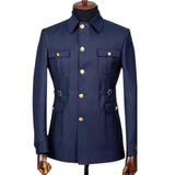 Lacivert Erkek Safari Ceket, Altın Düğmeli Slim Fit, 50 Beden | Askeri Stil Tasarım, Kemer Tokalı, 4 Cepli, Klasik Yaka, Şık Görünüm