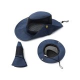 Lacivert Geniş Kenarlı Kovboy Şapkası, Mesh Havalandırmalı, Ayarlanabilir Çene Kordonlu, Outdoor Güneş Koruma