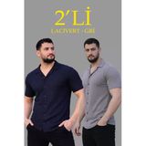 Lacivert Gömlek Waffle Erkek Günlük Şıklık Gri Dokuma Açık Yakalı Düğmeli Regular Kalıp 2’Li Seti