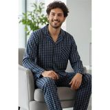 Lacivert Gri Ekose Desenli önden Düğmeli Elegant Erkek pijama takımı - Gri - Lacivert