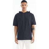 Lacivert Kapüşonlu Kol Etiket Detaylı Oversize Erkek T-shirt - 88179