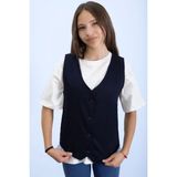 Lacivert Keten Düğmeli Yelekli Oversize Tişörtlü Kız Çocuk 2li Takım 21007 - Regular Fit - 11 - 12 Yaş