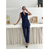 Lacivert Kuşak Bağlamalı Yelek Kemerli Havuç Pantolon Dokuma Kumaş Ikili Takım - 01L-Lacivert - 2XL
