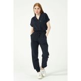 Lacivert Likralı Scrubs Jogger Paça Doktor Hemşire Forması Yarasa Kol Takım Unisex