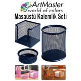 Lacivert Masaüstü Fileli Kalemlik Seti 3 Parça 1 Paket 3 Lü Masa Üstü Düzenleyici Kalemlik Küp Notluk Ataşlık