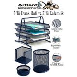 Lacivert Metal Evrak Rafı 3 Lü Ve Masaüstü Kalemlik 3 Lü 1 Paket Masaüstü A4 Dosya 3 Katlı Düzenleyici Kağıt Tepsisi