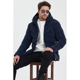 Lacivert Nano Kumaş Su ve Rüzgar Geçirmez Kapüşonlu Kalın Şişme Kaban&mont - 3XL