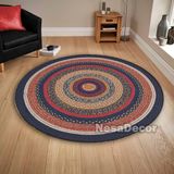 Lacivert Oval Örgü Desenli Dijital Baskı Halı Boho Ev Mutfak Oturma Odası Dekor Renkli Hint Şönil Halıları (150 x 150 cm)