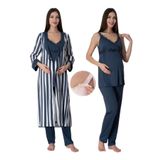 Lacivert Pamuklu Hamile Lohusa Çizgili Sabahlıklı Pijama Takımı Effort, M, S9034EF-19804IGP27192594