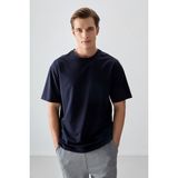 Lacivert Pamuklu Kalın Yumuşak Dokulu Oversize Fit Basic Erkek T-Shirt - 88377