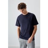 Lacivert Pamuklu Kalın Yumuşak Dokulu Oversize Fit Basic Erkek T-Shirt - 88378