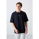 Lacivert Pamuklu Kalın Yumuşak Dokulu Oversize Fit Baskılı Erkek T-Shirt - 88323