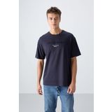 Lacivert Pamuklu Kalın Yumuşak Dokulu Oversize Fit Baskılı Erkek T-Shirt - 88328