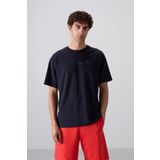 Lacivert Pamuklu Kalın Yumuşak Dokulu Oversize Fit Baskılı Erkek T-Shirt - 88330