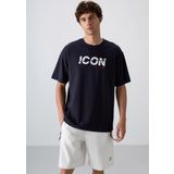 Lacivert Pamuklu Kalın Yumuşak Dokulu Oversize Fit Baskılı Erkek T-Shirt - 88331