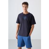 Lacivert Pamuklu Kalın Yumuşak Dokulu Oversize Fit Baskılı Erkek T-Shirt - 88333