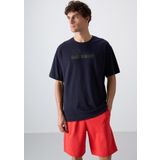 Lacivert Pamuklu Kalın Yumuşak Dokulu Oversize Fit Baskılı Erkek T-Shirt - 88334