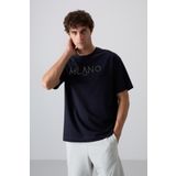 Lacivert Pamuklu Kalın Yumuşak Dokulu Oversize Fit Baskılı Erkek T-Shirt - 88345