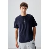 Lacivert Pamuklu Kalın Yumuşak Dokulu Oversize Fit Baskılı Erkek T-Shirt - 88373