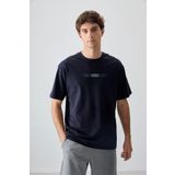 Lacivert Pamuklu Kalın Yumuşak Dokulu Oversize Fit Baskılı Erkek T-Shirt - 88374