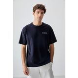 Lacivert Pamuklu Kalın Yumuşak Dokulu Oversize Fit Baskılı Erkek T-Shirt - 88375