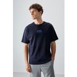 Lacivert Pamuklu Kalın Yumuşak Dokulu Oversize Fit Baskılı Erkek T-Shirt - 88376