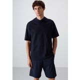 Lacivert Pamuklu Kalın Yüzeyi Dokulu Oversize Fit Basic Erkek T-Shirt - 88335