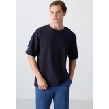 Lacivert Pamuklu Kalın Yüzeyi Dokulu Oversize Fit Basic Erkek T-Shirt - 88339