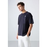 Lacivert Pamuklu Kalın Yüzeyi Dokulu Oversize Fit Baskılı Erkek T-Shirt - 88338