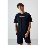 Lacivert Pamuklu Kalın Yüzeyi Dokulu Oversize Fit Baskılı Erkek T-Shirt - 88365