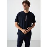 Lacivert Pamuklu Kalın Yüzeyi Dokulu Oversize Fit Baskılı Erkek T-Shirt - 88366