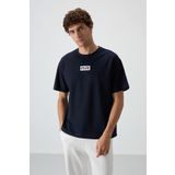 Lacivert Pamuklu Kalın Yüzeyi Dokulu Oversize Fit Baskılı Erkek T-Shirt - 88367