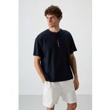 Lacivert Pamuklu Kalın Yüzeyi Dokulu Oversize Fit Baskılı Erkek T-Shirt - 88368