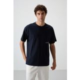 Lacivert Pamuklu Kalın Yüzeyi Dokulu Oversize Fit Baskılı Erkek T-Shirt - 88370