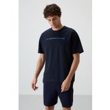 Lacivert Pamuklu Kalın Yüzeyi Dokulu Oversize Fit Baskılı Erkek T-Shirt - 88371