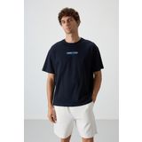 Lacivert Pamuklu Kalın Yüzeyi Dokulu Oversize Fit Baskılı Erkek T-Shirt - 88372