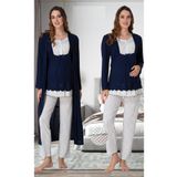 Lacivert Pamuklu Sabahlıklı Hamile Lohusa Uzun Kolu Pijama Takımı, 2XL, EFF9054-198IGP101940