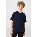 Lacivert Pamuklu Yumuşak Dokulu Oversize Cep Detaylı Erkek Çocuk T-Shirt - 11295 - 9 - 10 Yaş