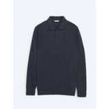 Lacivert Polo Yaka Jakarlı Yün Karışımlı Triko Kazak - 2XL