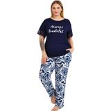 Lacivert Renk ve Desenli 11024 Kısa Kollu Kadın Büyük Beden Anne Pijama Takımı - Lacivert - Beyaz - 4XL