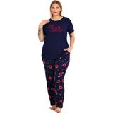 Lacivert Renk ve Desenli 11025 Kısa Kollu Kadın Büyük Beden Anne Pijama Takımı - Lacivert - Kırmızı - 4XL