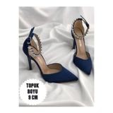 Lacivert Saten Şık Topuklu Taşlı Stiletto Abiye Ayakkabı Topuk Boyu 9 Cm (TAŞLARI ÇIKARILABİLİR) Lacivert1 39